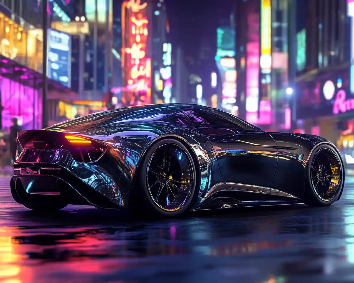 Luxusauto in neonbeleuchteter Stadtstraße bei Nacht