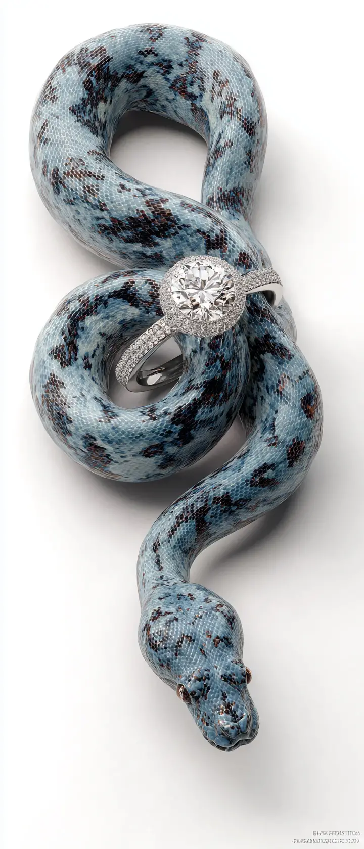 Boa constrictor with diamond ring on white background