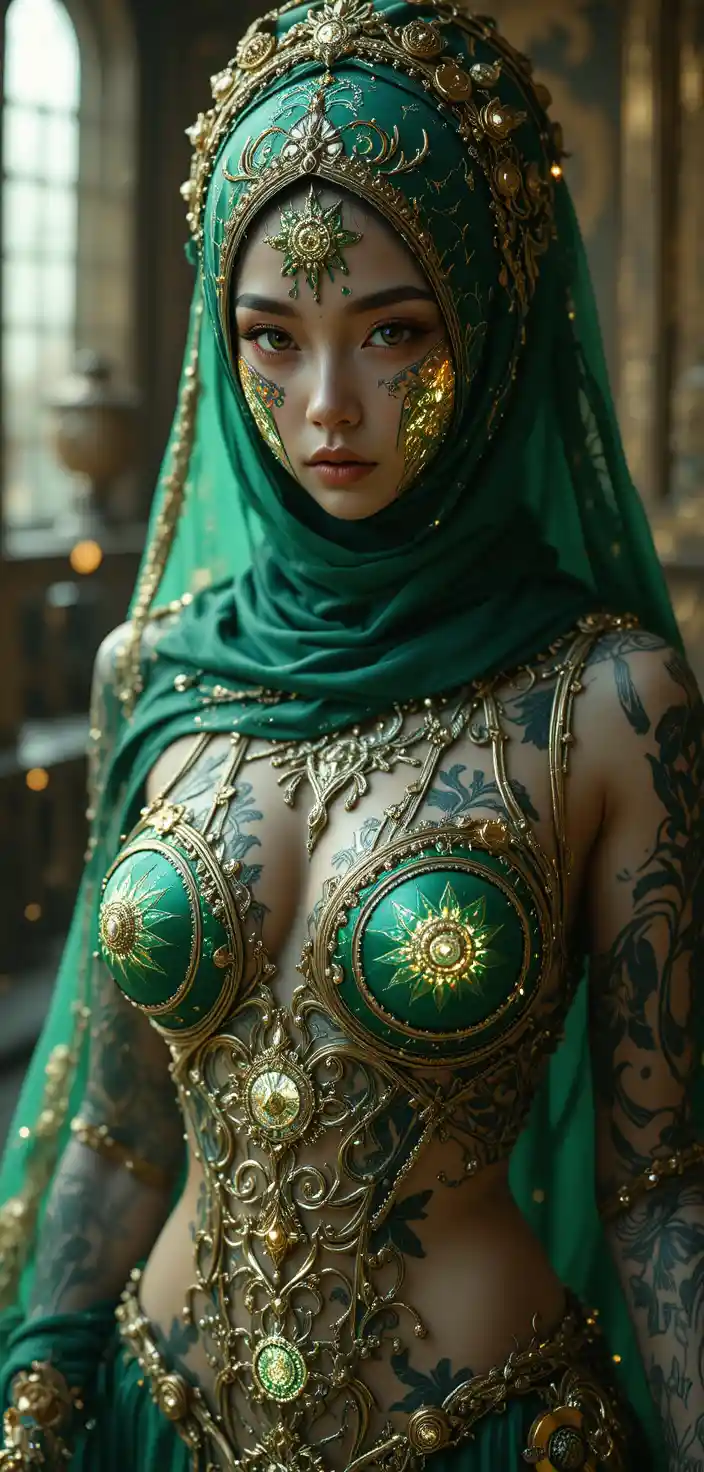 Mystical veiled warrior woman with glowing arcane tattoos