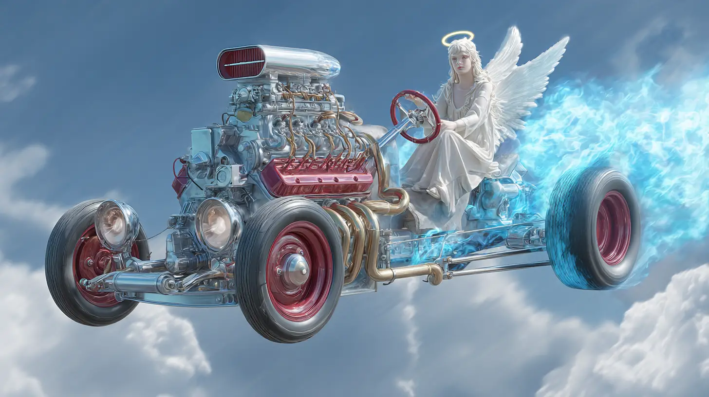 Angelic v8 engine with angel woman on heavenly highway