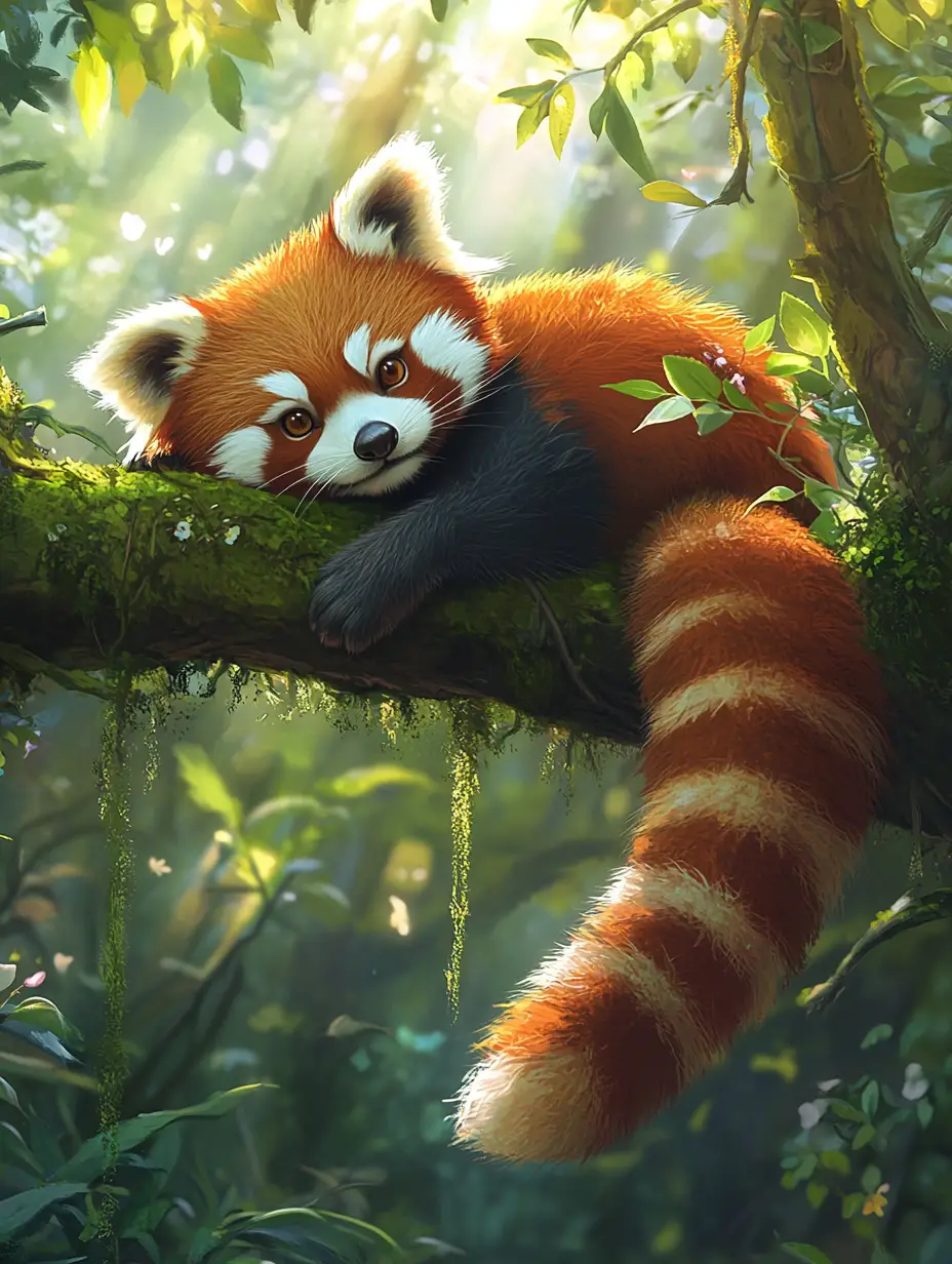 Cute red panda resting on a mossy forest branch