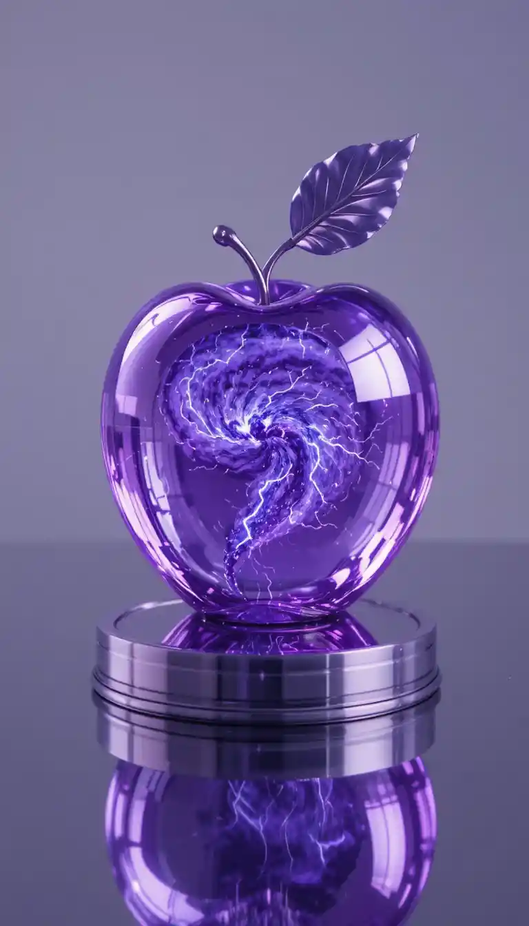Purple Glass Apple With Miniature Storm On Metal Table