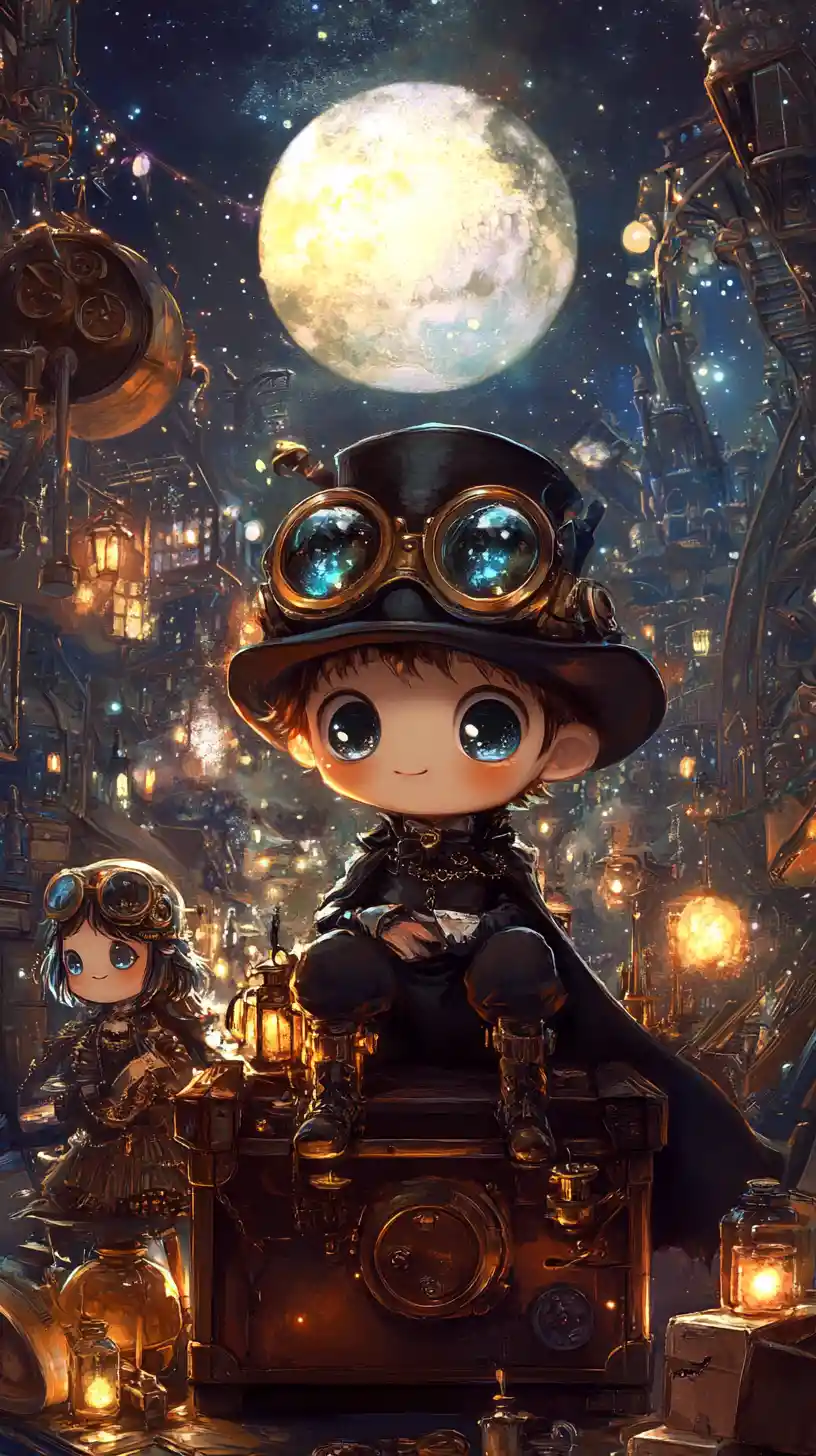 Chibi-Junge mit Steampunk-Hut unter dem leuchtenden Mond
