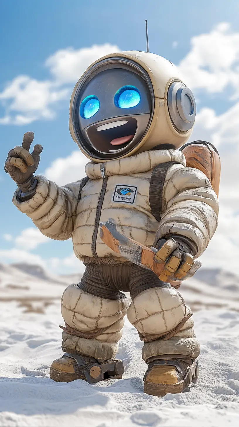 Cheerful Cartoon Robot In Jacket With Shovel In Steppe