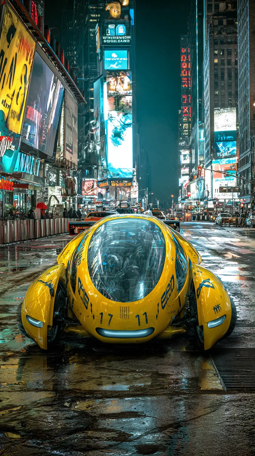 Futuristic NYC yellow cab hovering above a city street
