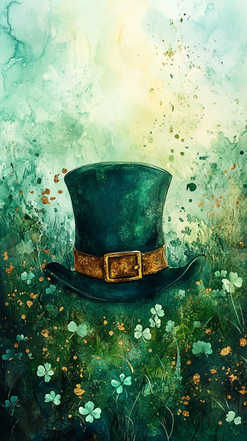 Mystical emerald oasis with leprechaun hat silhouette
