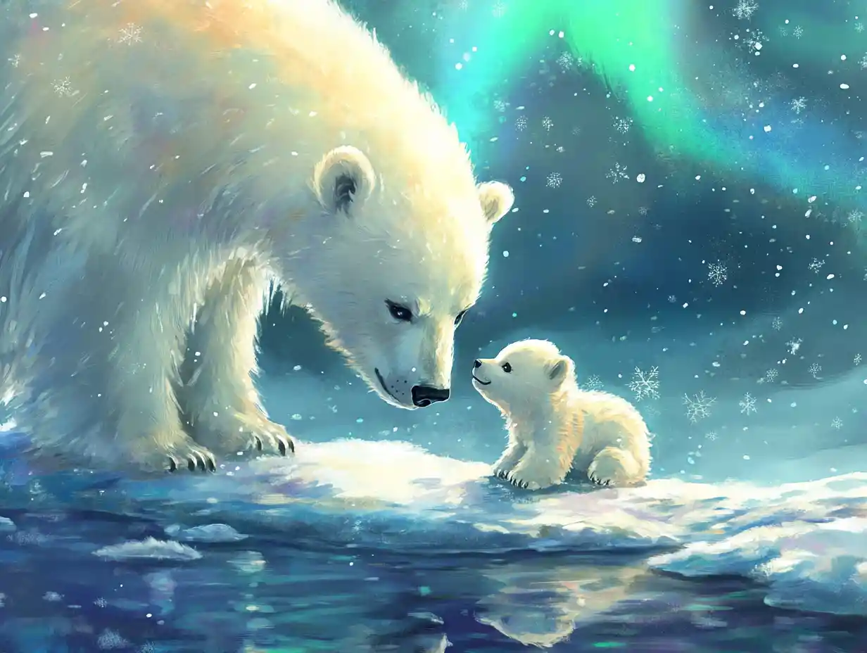 Cucciolo di orso polare ad acquerello che tende la zampa verso la madre amorevole