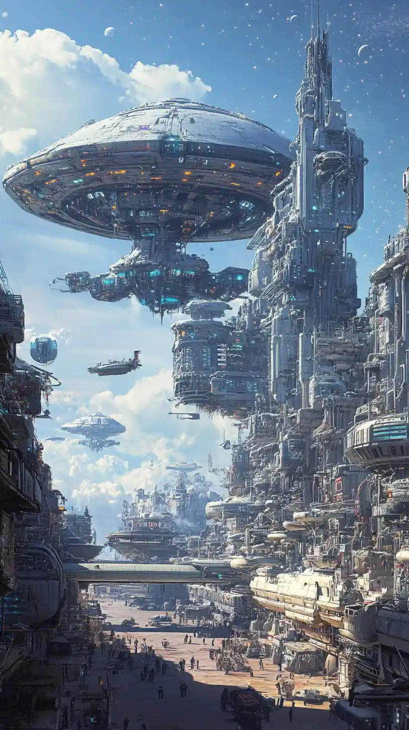 Città aliena futuristica con ologrammi e macchine avanzate