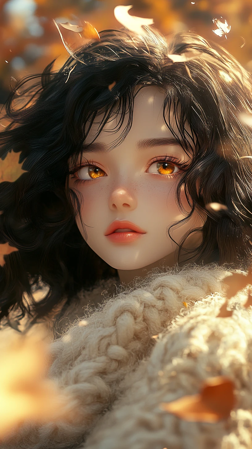 Fille d’anime timide cachée derrière de confortables manches parmi les feuilles d’automne qui tombent