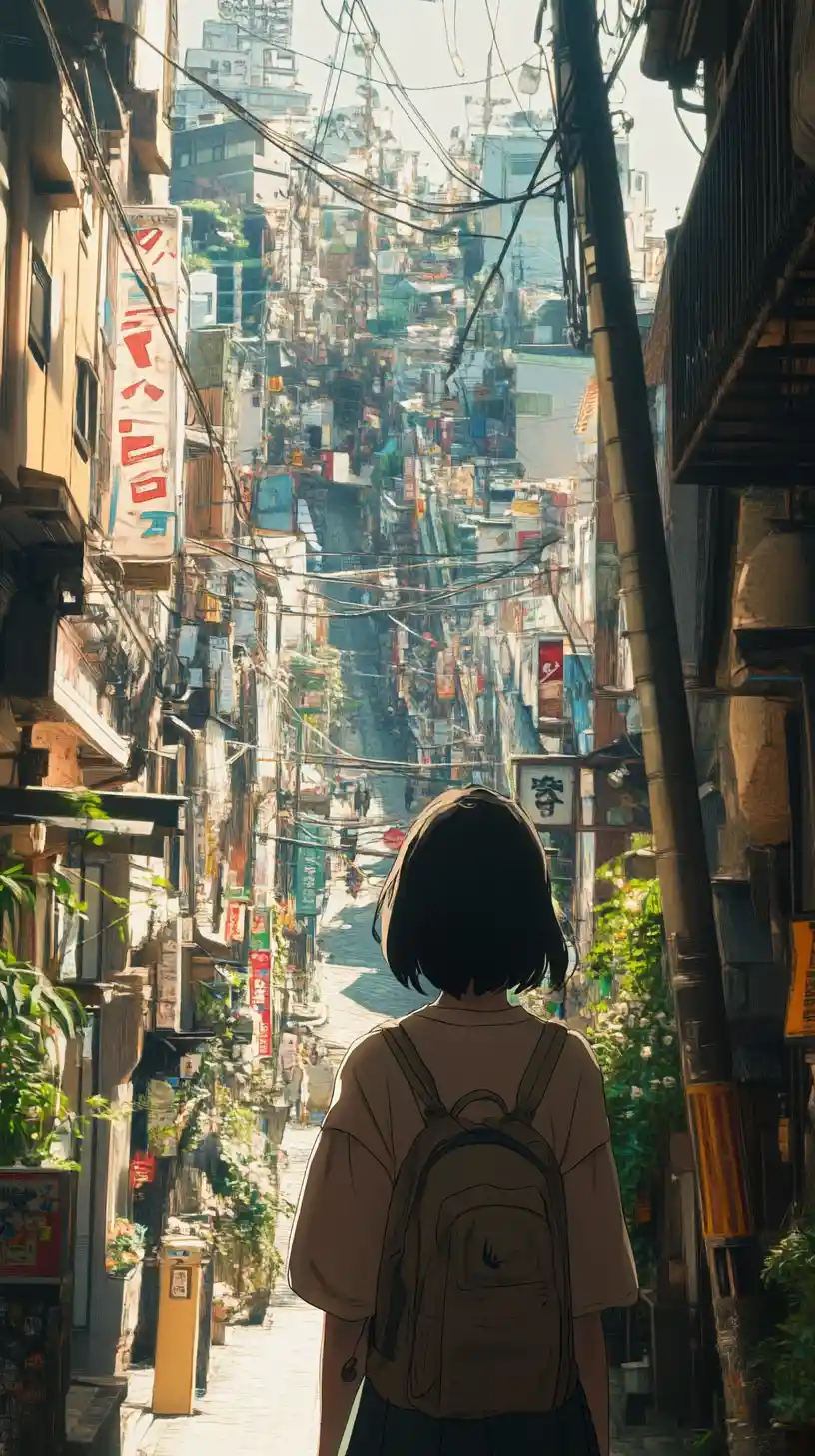 Anime girl walking down a sunny old Japanese street