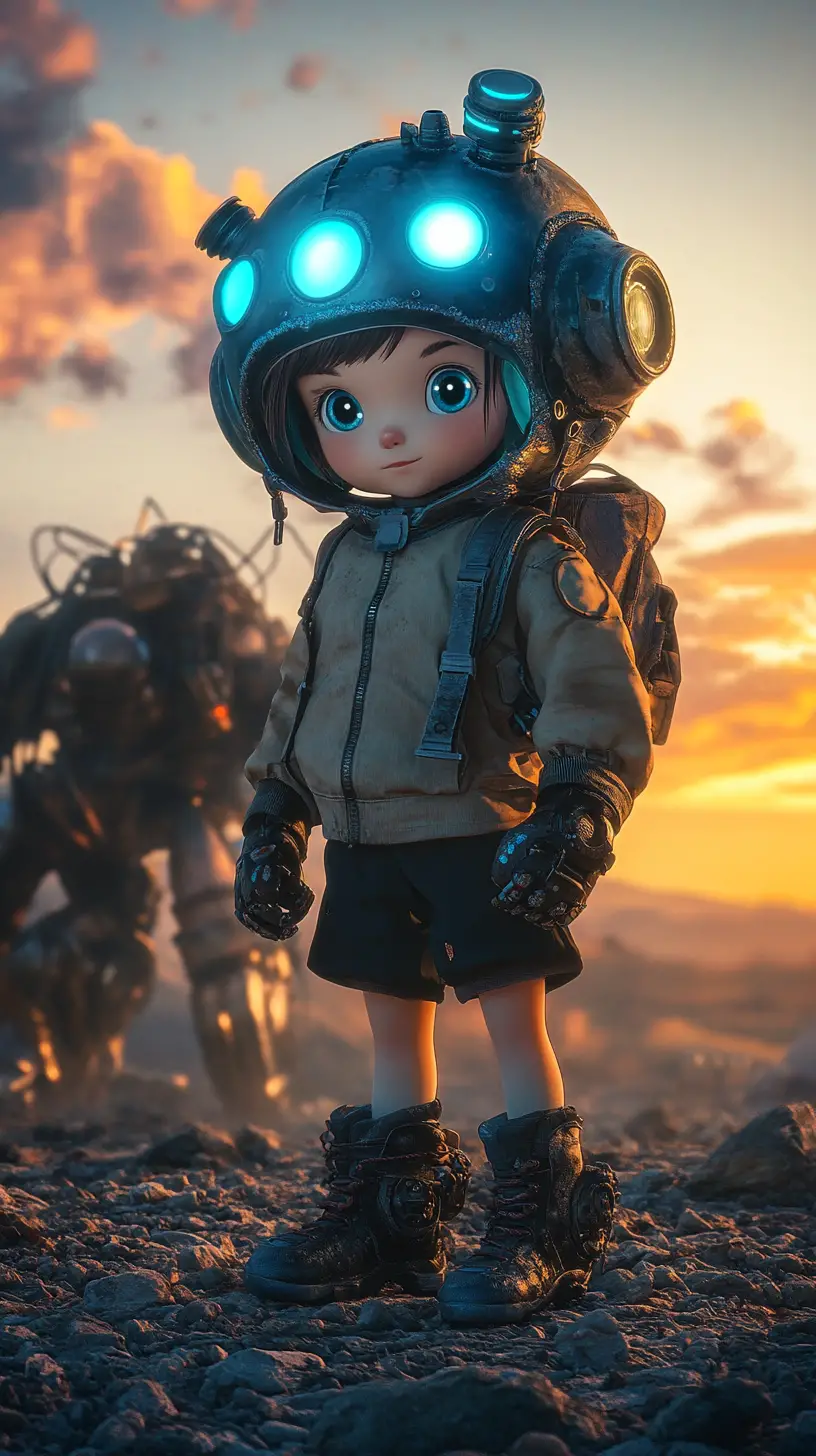Young girl with robot under a glowing apocalyptic sky