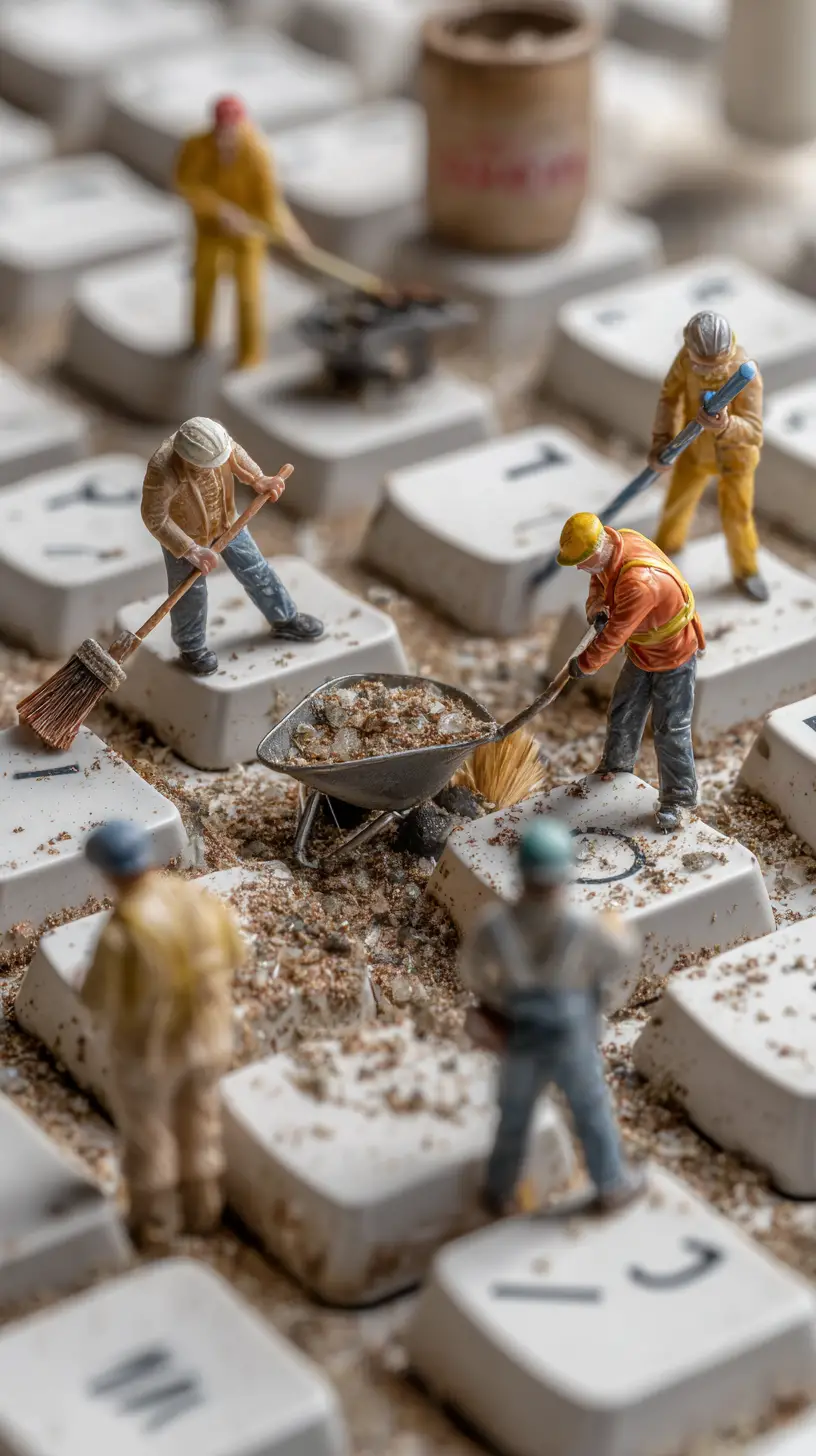 Tiny workers cleaning a dusty computer keyboard
