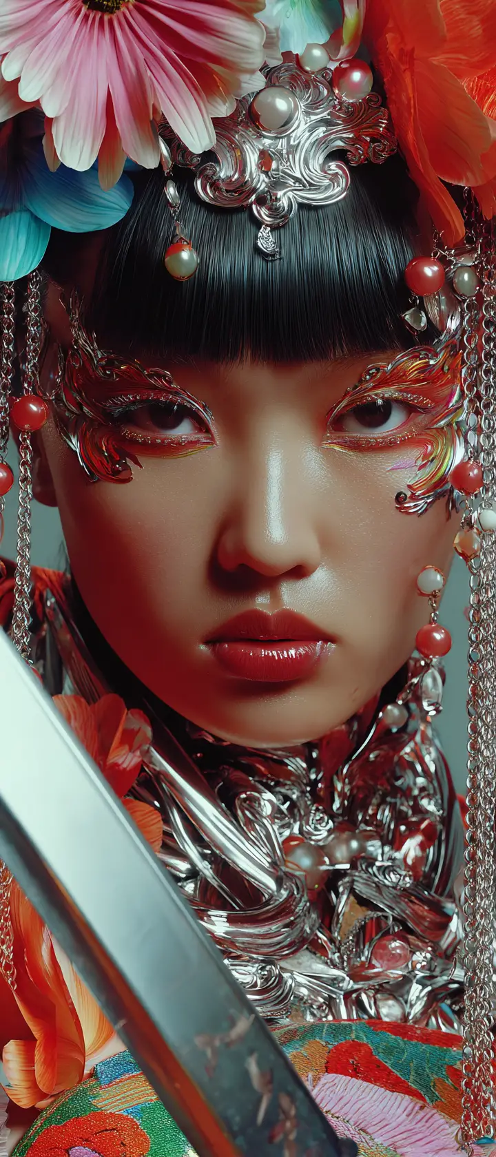Warrior woman in ornate floral ceremonial portrait