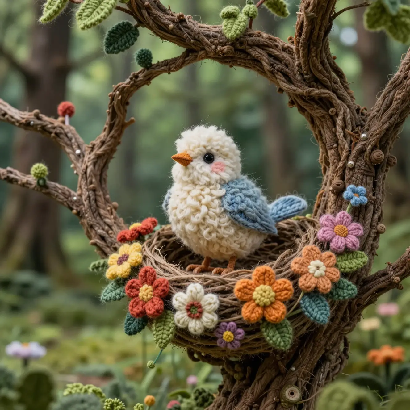 Whimsical woolen bird in a cozy forest treehouse
