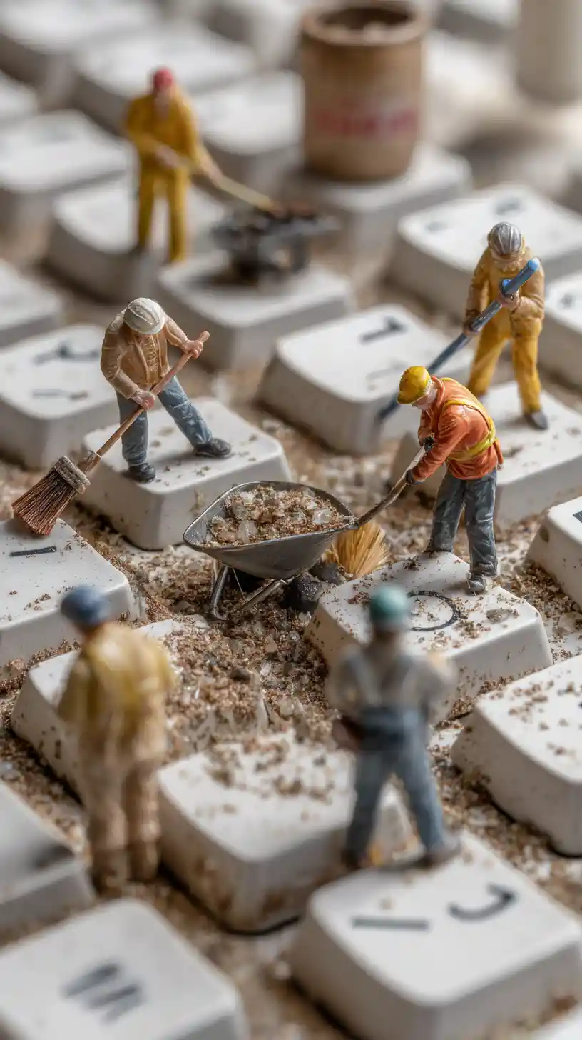 Tiny workers cleaning a dusty computer keyboard