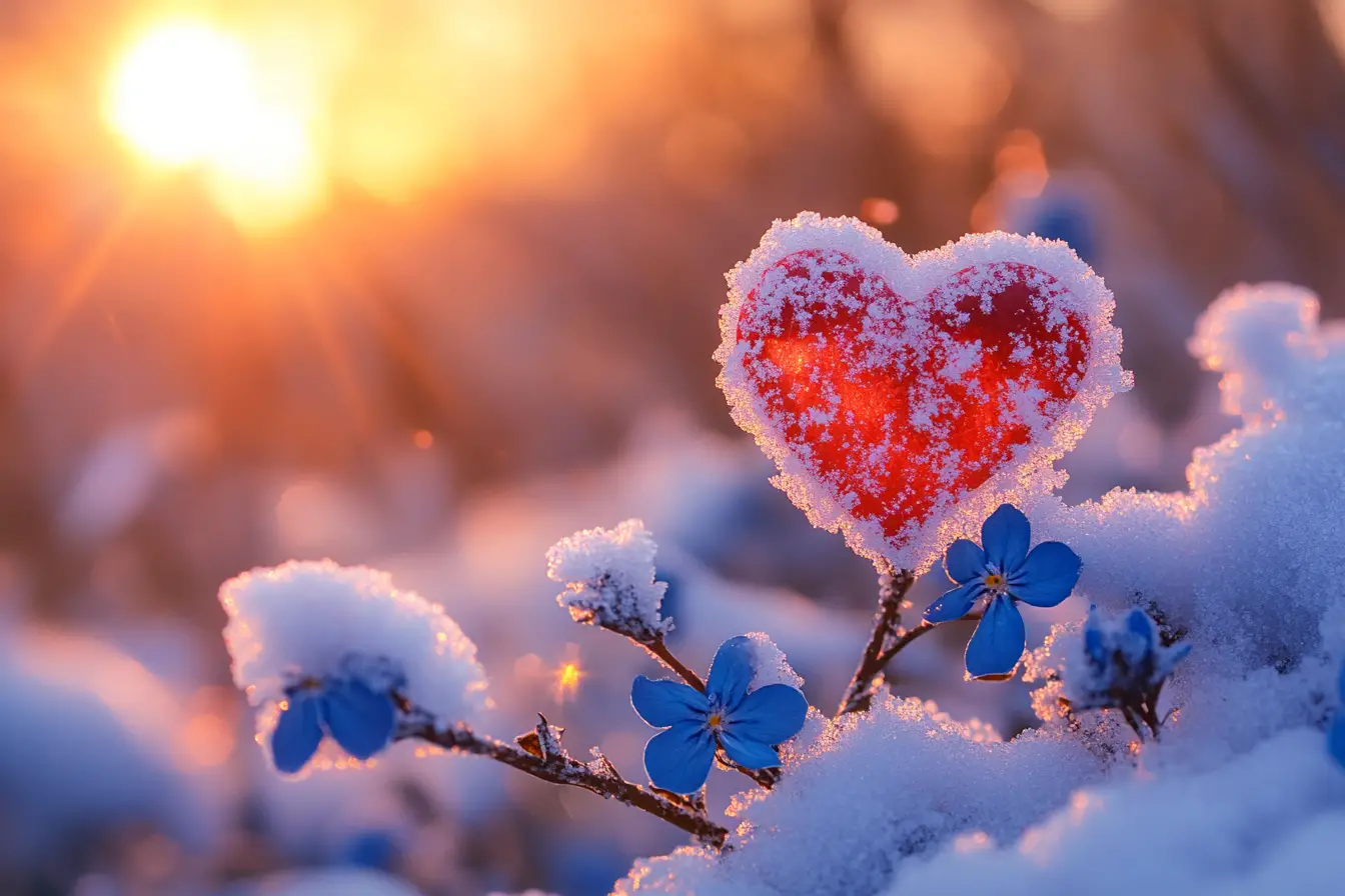 Heart crystal resting on snowy branch at sunset