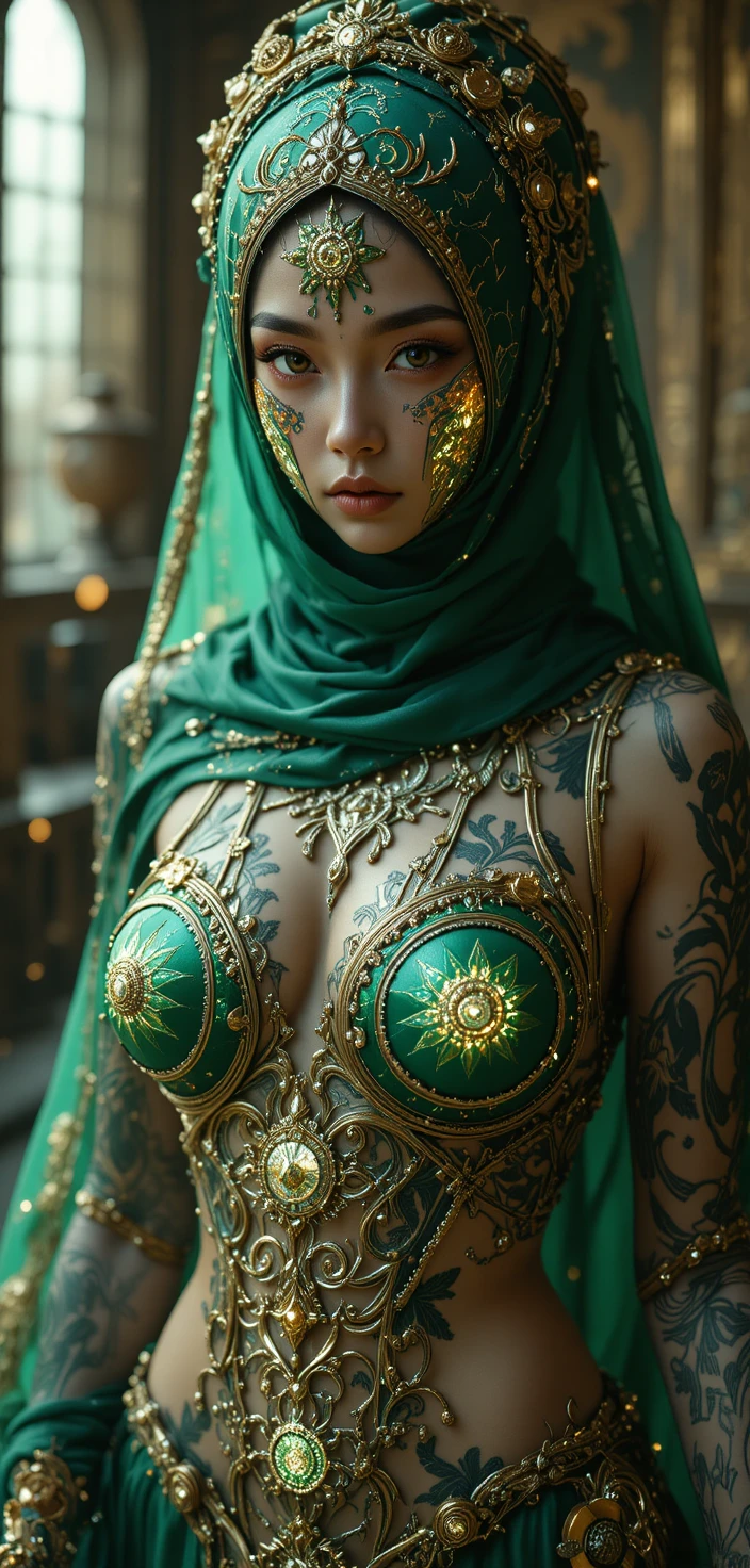 Mystical veiled warrior woman with glowing arcane tattoos