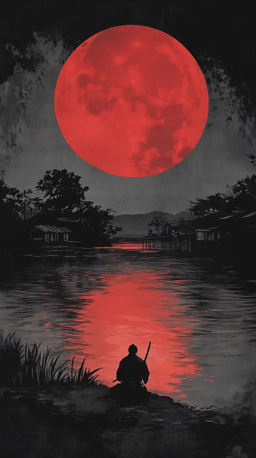 Kneeling samurai by a moonlit lake in ruined village