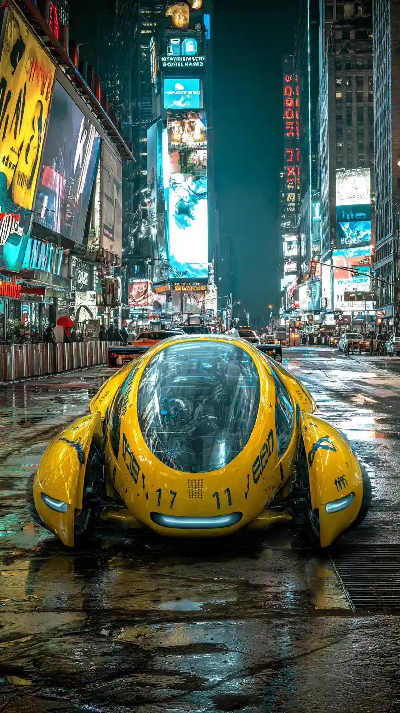 未来的なNYCイエローキャブが街路の上空にホバリングする光景