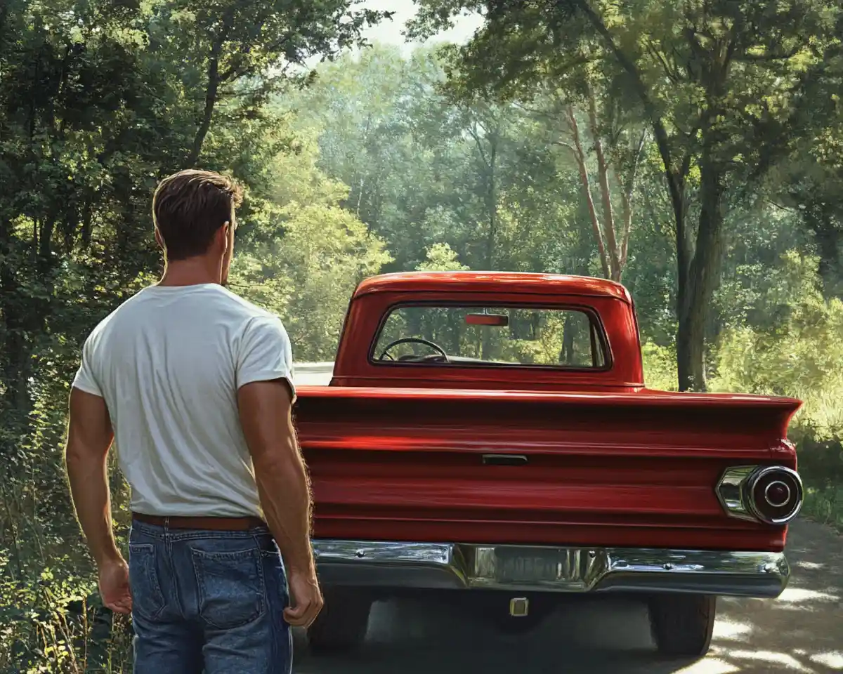 Pickup rouge de 1960 sur une route forestière rurale et silencieuse