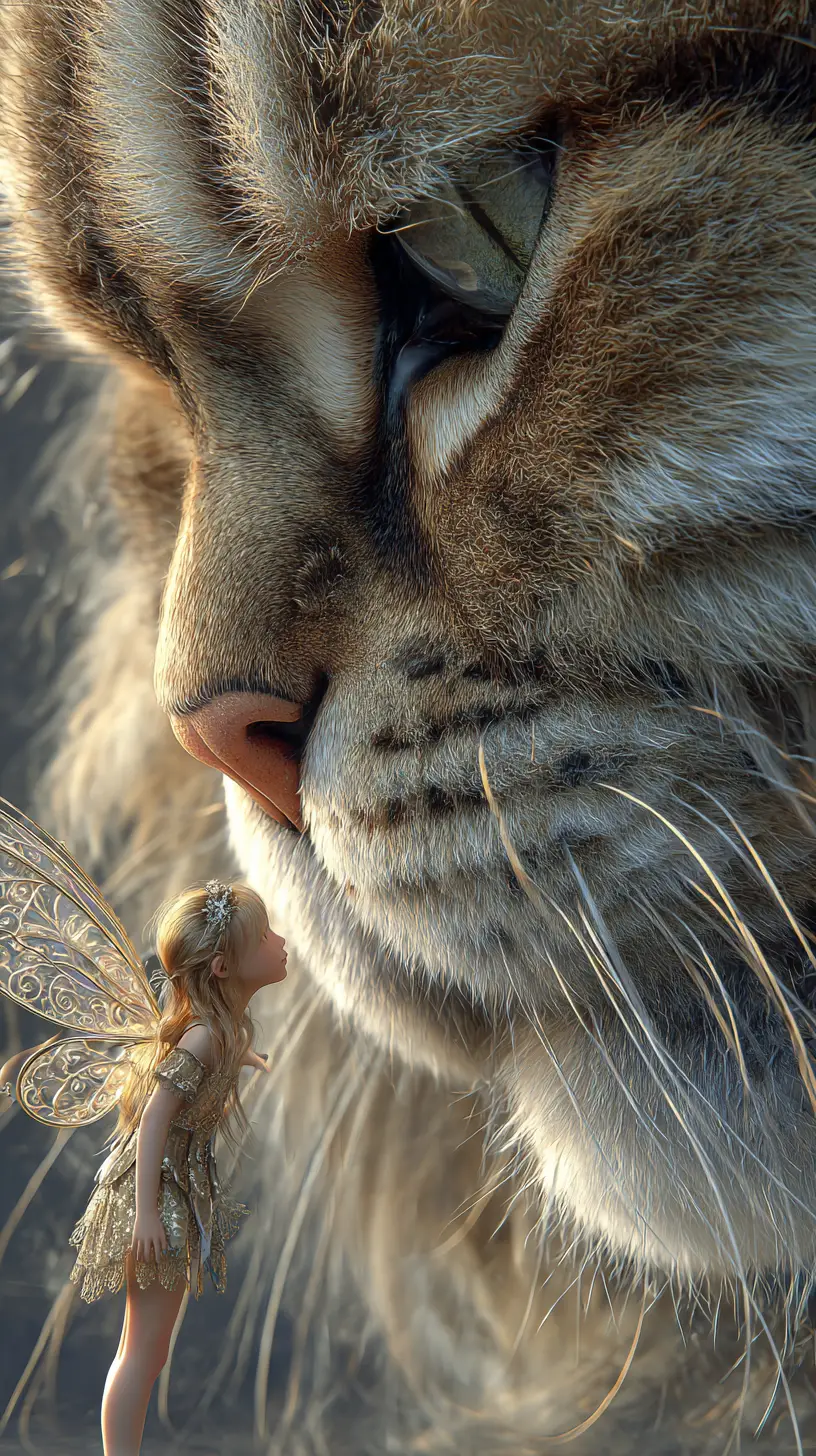 Tiny fairy touching the nose of a gigantic cat