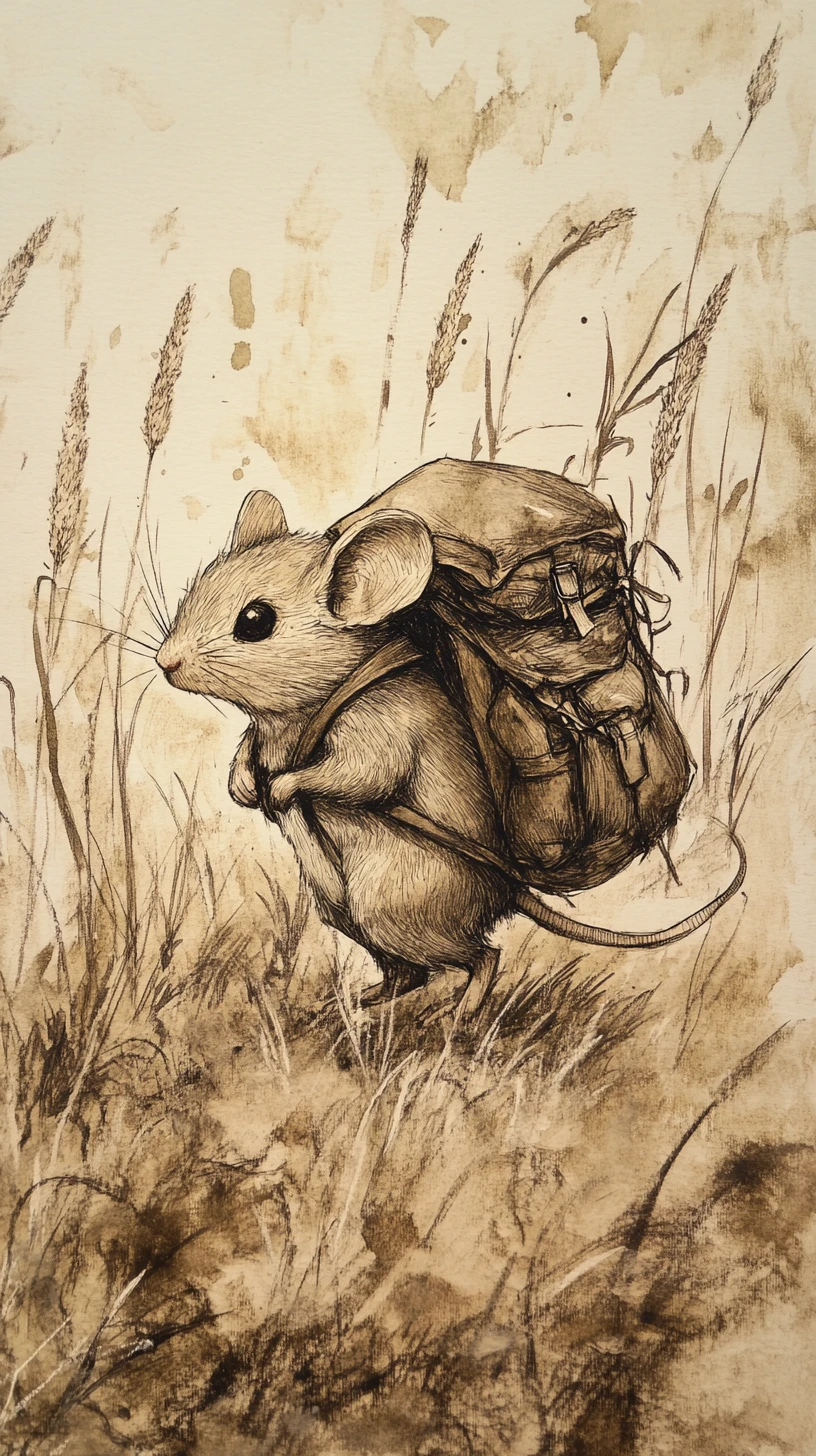 Kleine Maus mit Rucksack läuft durch überwuchertes Gras
