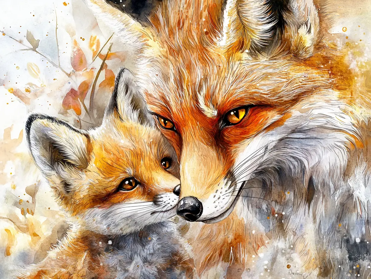 Watercolor fox family cuddling in a gentle forest scene
