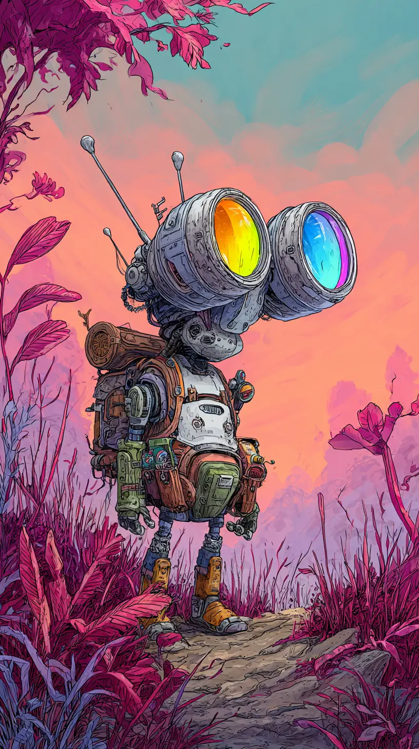 Cute alien with big colorful eyes in sci fi world