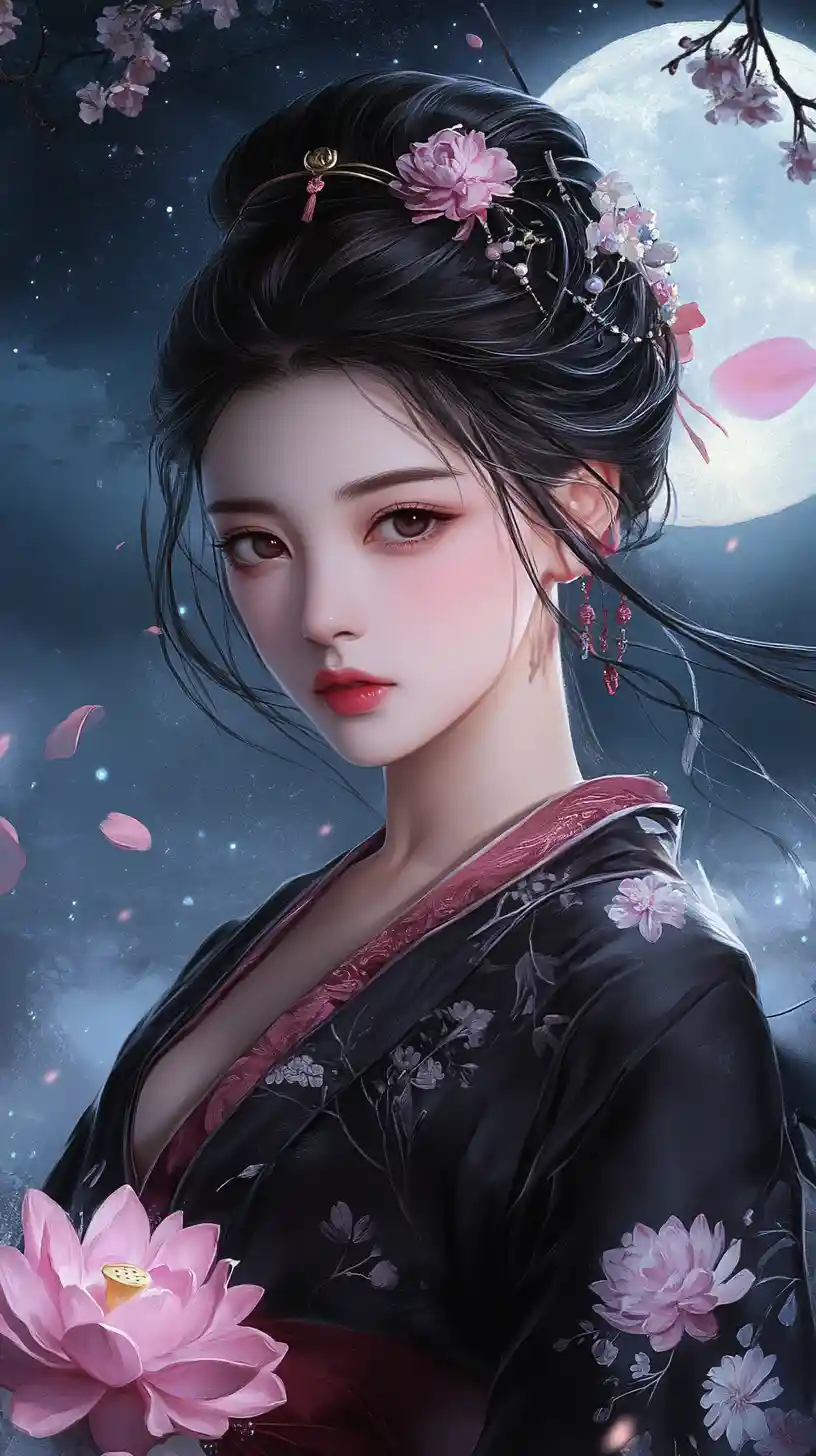 Asian woman with lotus flower under a luminous moon
