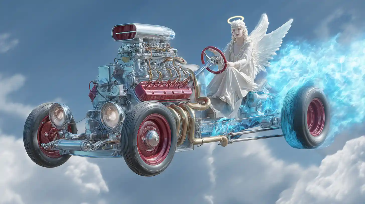 Moteur V8 angélique avec femme ange sur une autoroute céleste