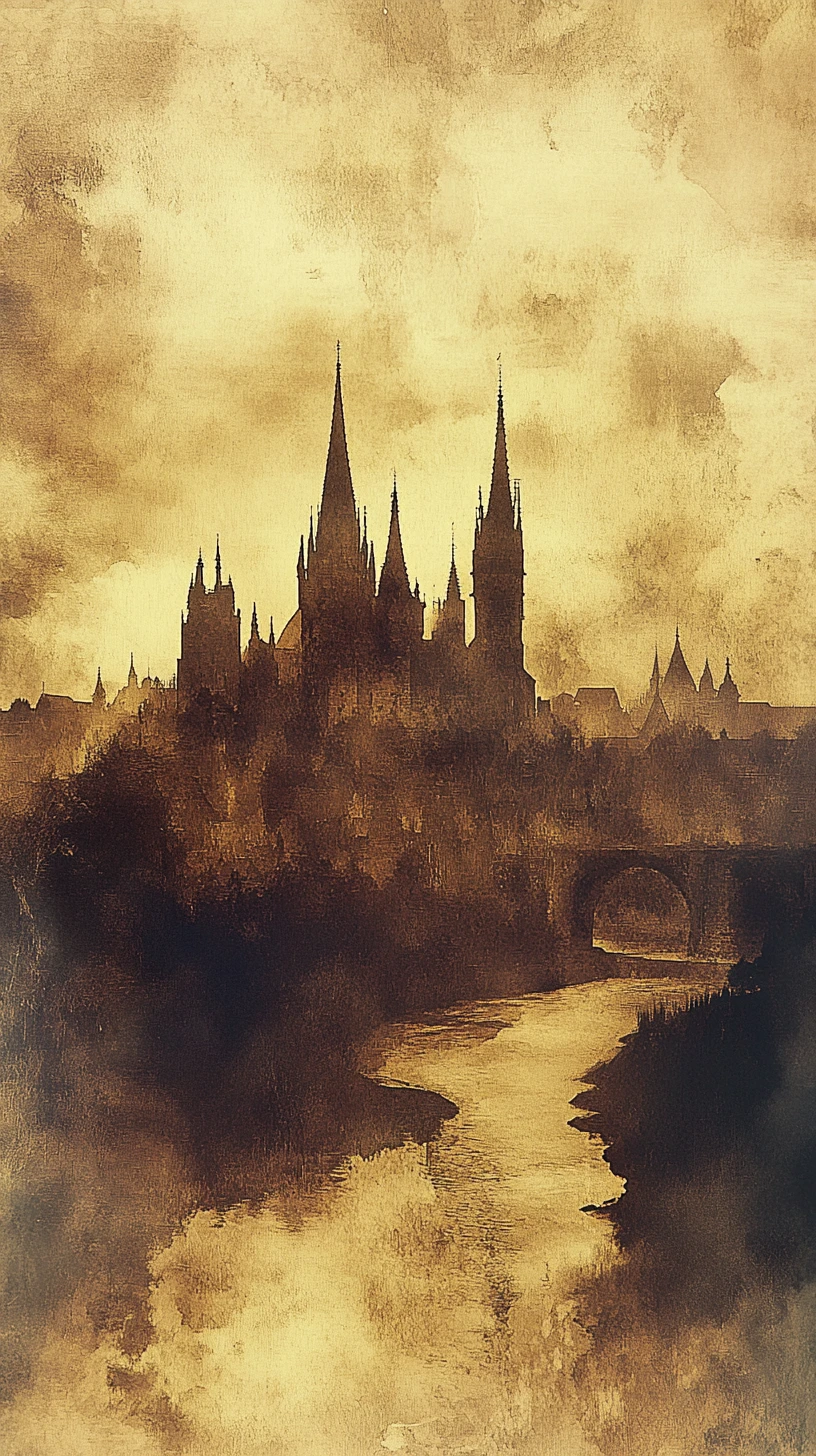 Gothic castle above a winding river under cloudy skies