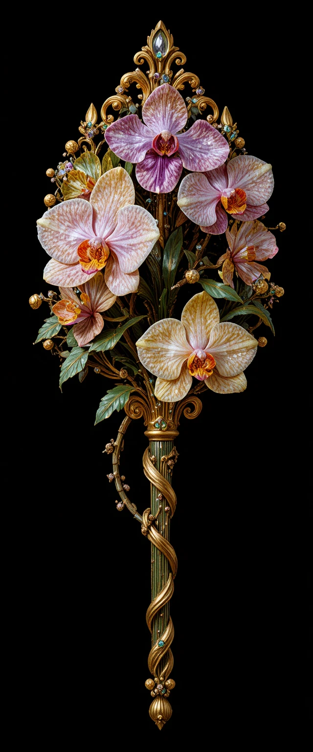Gemstone orchid scepter with ornate gold floral detailing