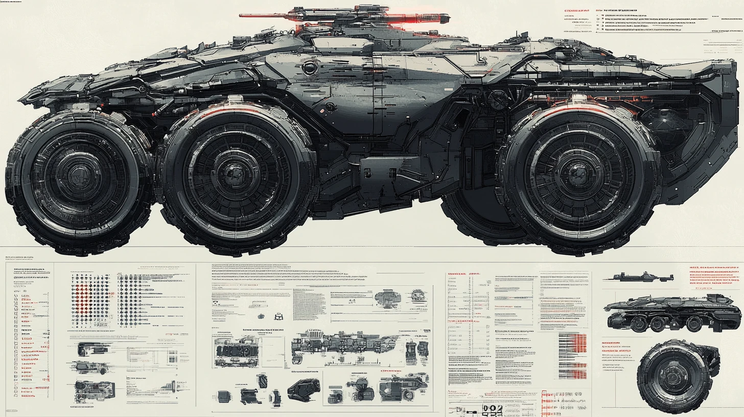 Futuristisches gepanzertes Landschlacht‑Modul im technischen Schnittdiagramm
