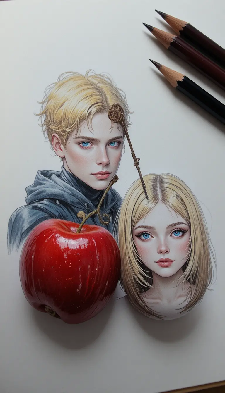 Double portrait faces delicately drawn on ripe red cherries