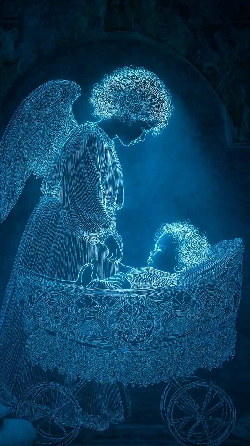 Guardian angel watching over a sleeping baby in glowing cradle