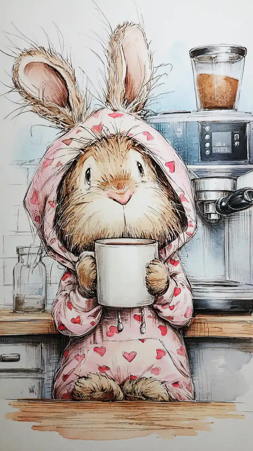 Cute rabbit in pink onesie sipping from a mug