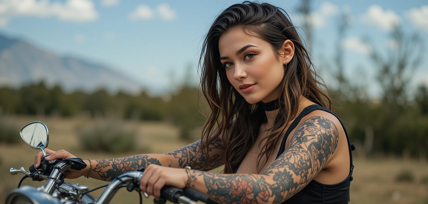 Mulher tatuada em uma Harley-Davidson em retrato de estúdio