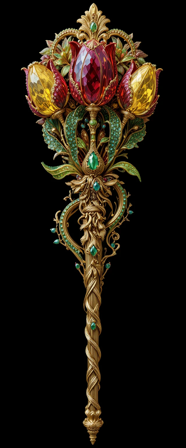Gemstone tulip scepter with ornate golden handle on black