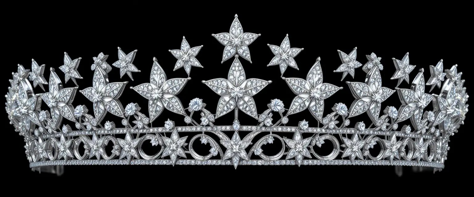 Tiara de ouro branco com estrelas de diamante em fundo preto