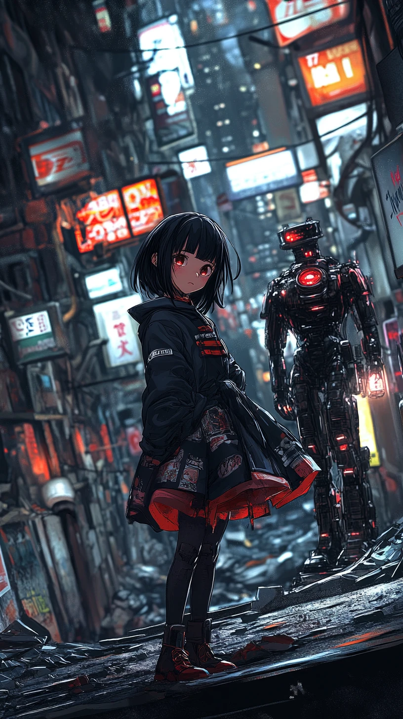 Fille d’anime en pleurs debout dans les ruines d’une place futuriste