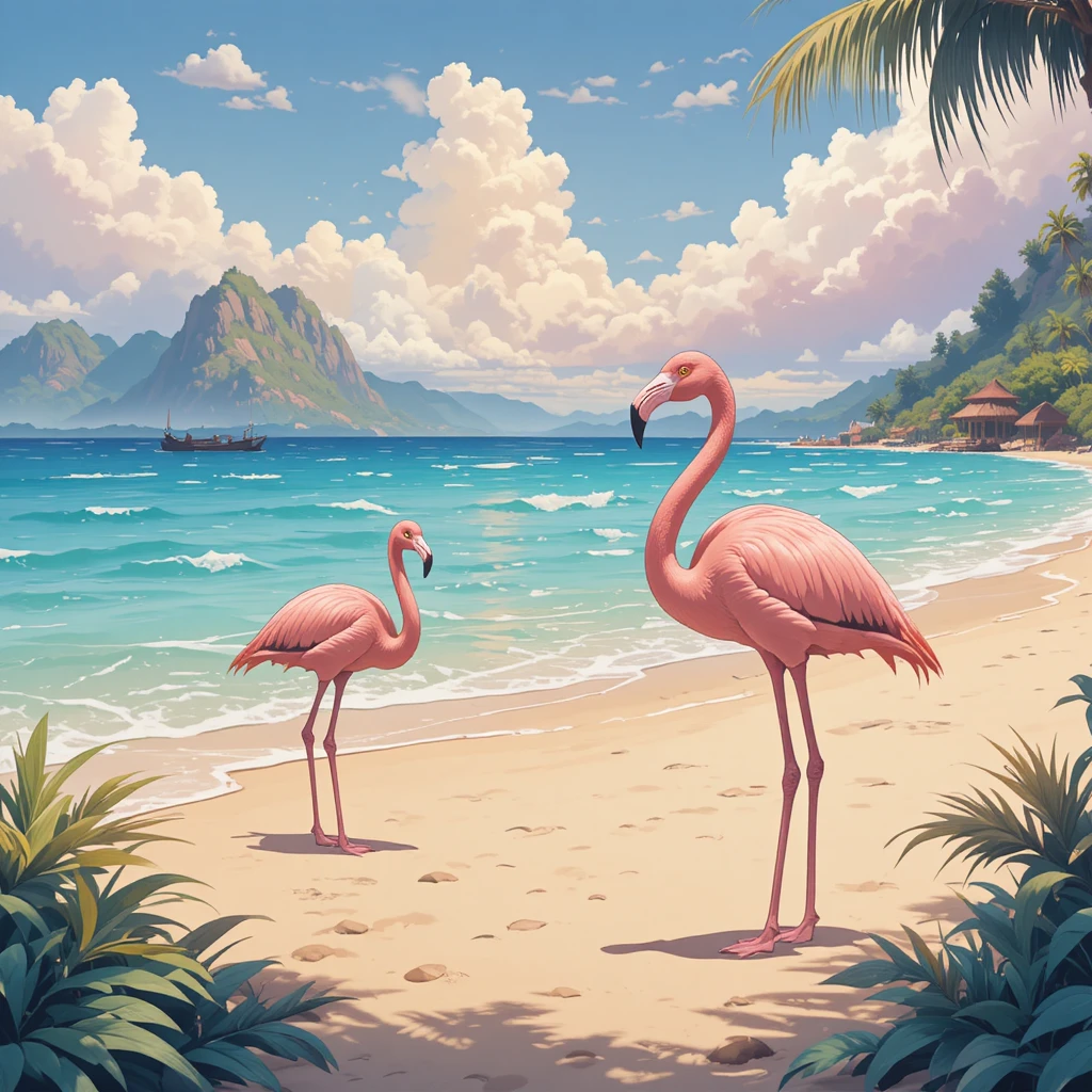 Spiaggia da sogno in stile anime con eleganti fenicotteri rosa sulla riva