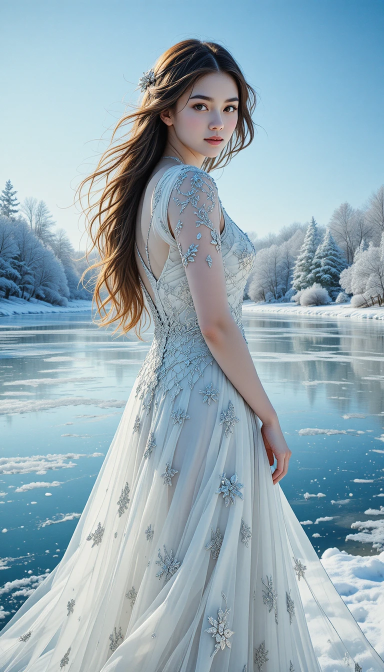 Giovane donna in abito bianco accanto a un lago invernale ghiacciato