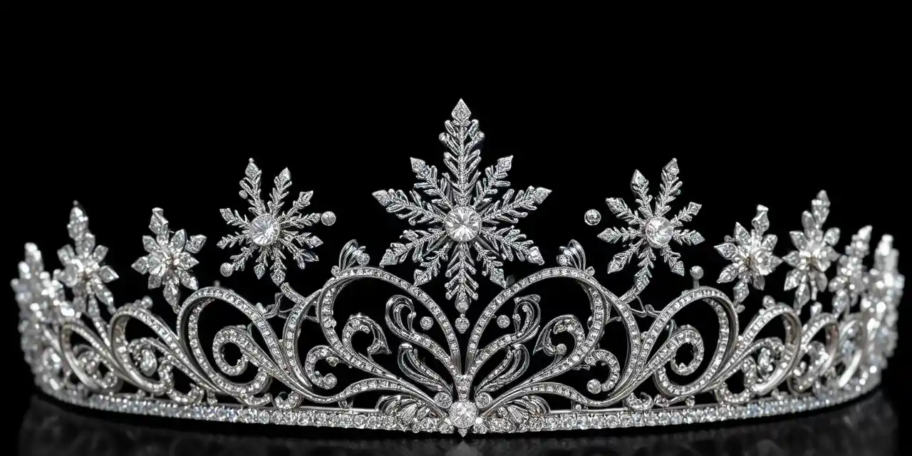 Tiara de ouro branco com flocos de neve de diamante em fundo preto
