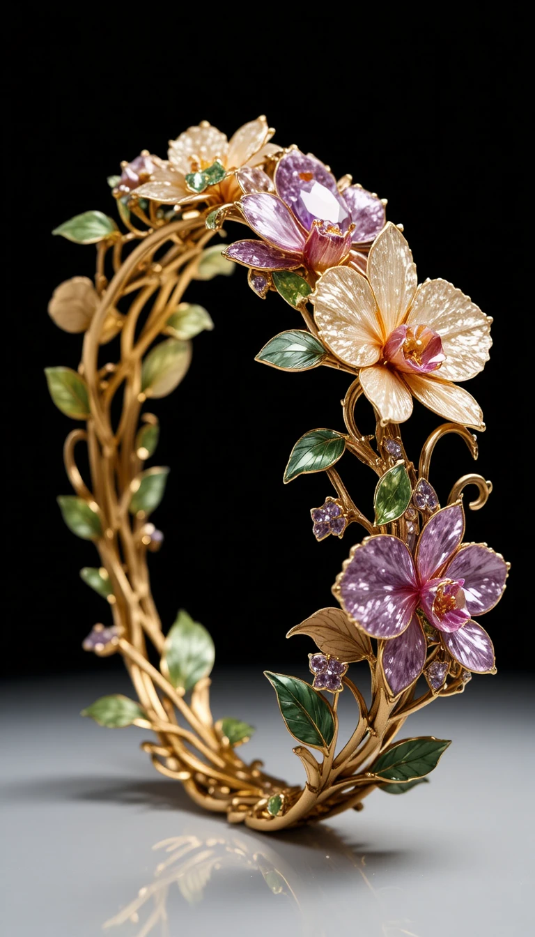 Goldenes Orchideen-Armband mit bunten Edelsteinen auf schwarzem Hintergrund