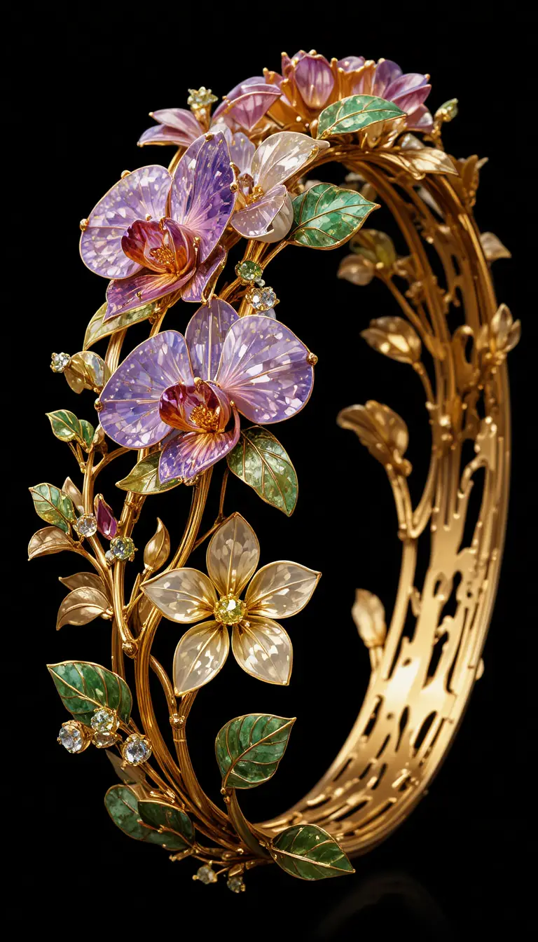 Orchid motif gold bracelet with colorful gemstone flowers