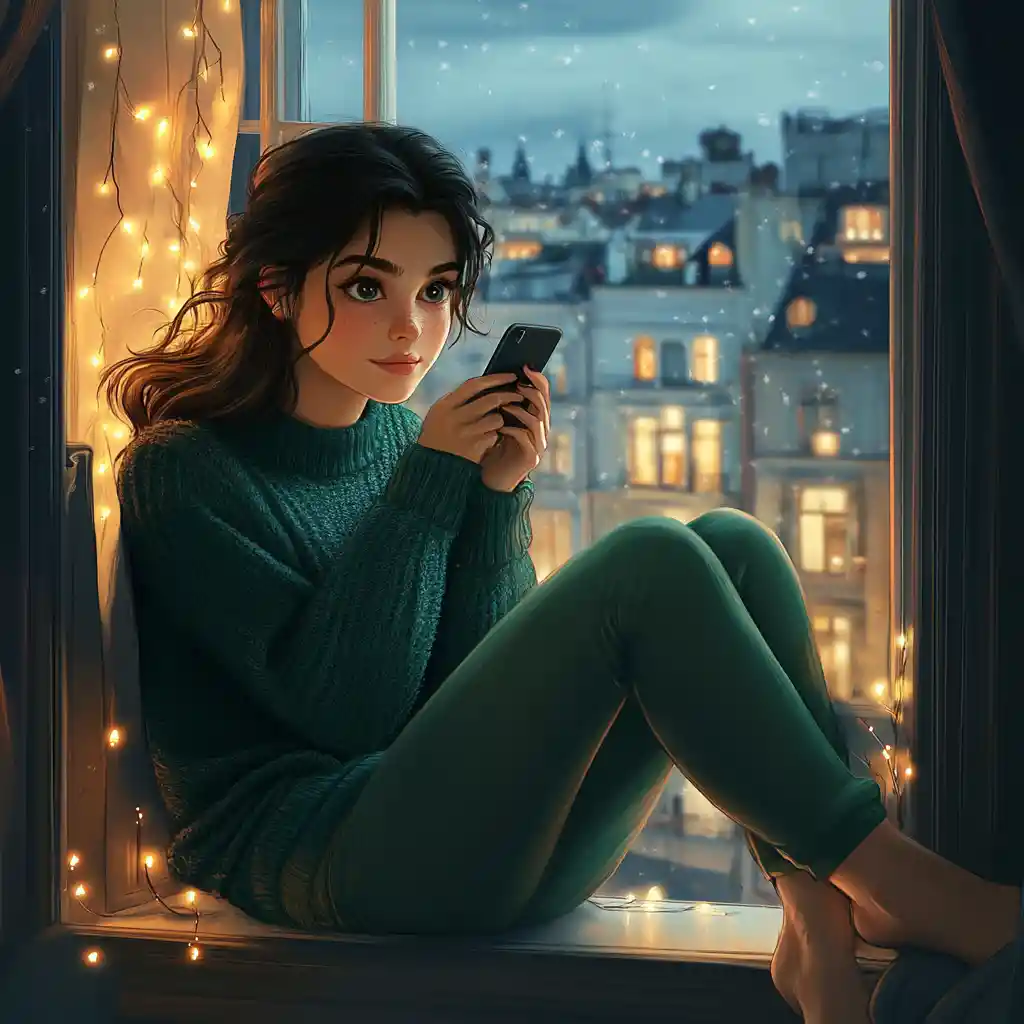 Young woman sitting in a window overlooking the city