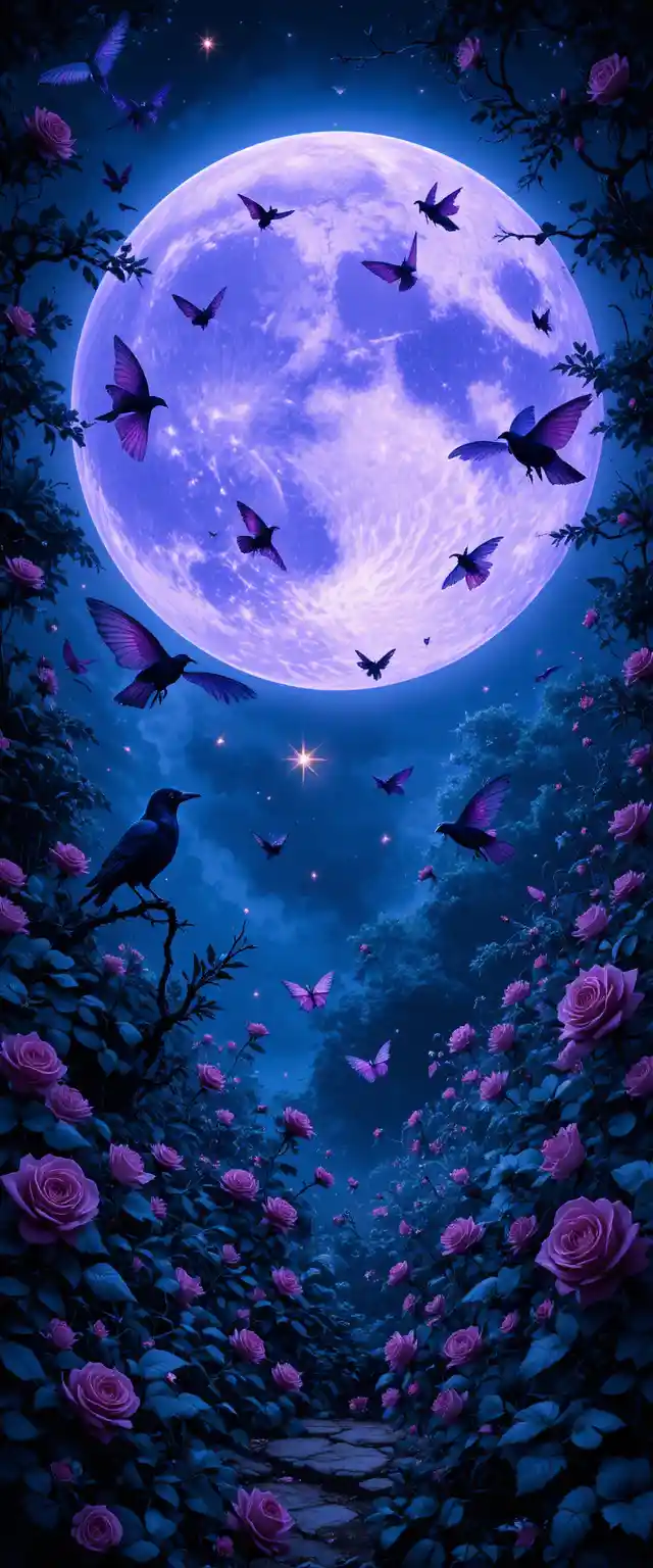 Gothic moonlit garden with ravens and moths illustration