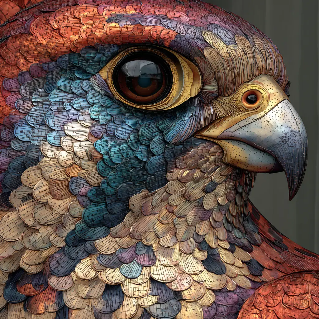 Colorful metal relief artwork of a male kestrel