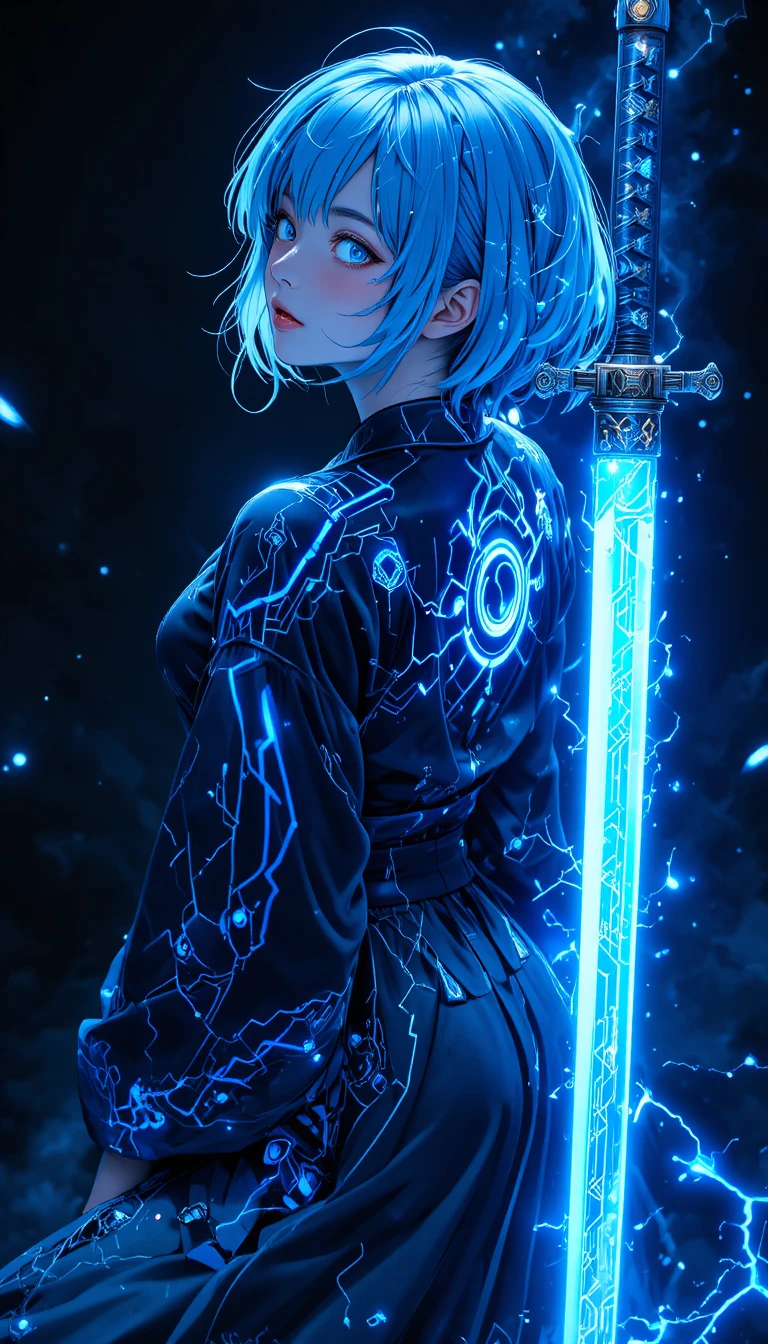 Cyber anime girl with celestial katana and glowing eyes