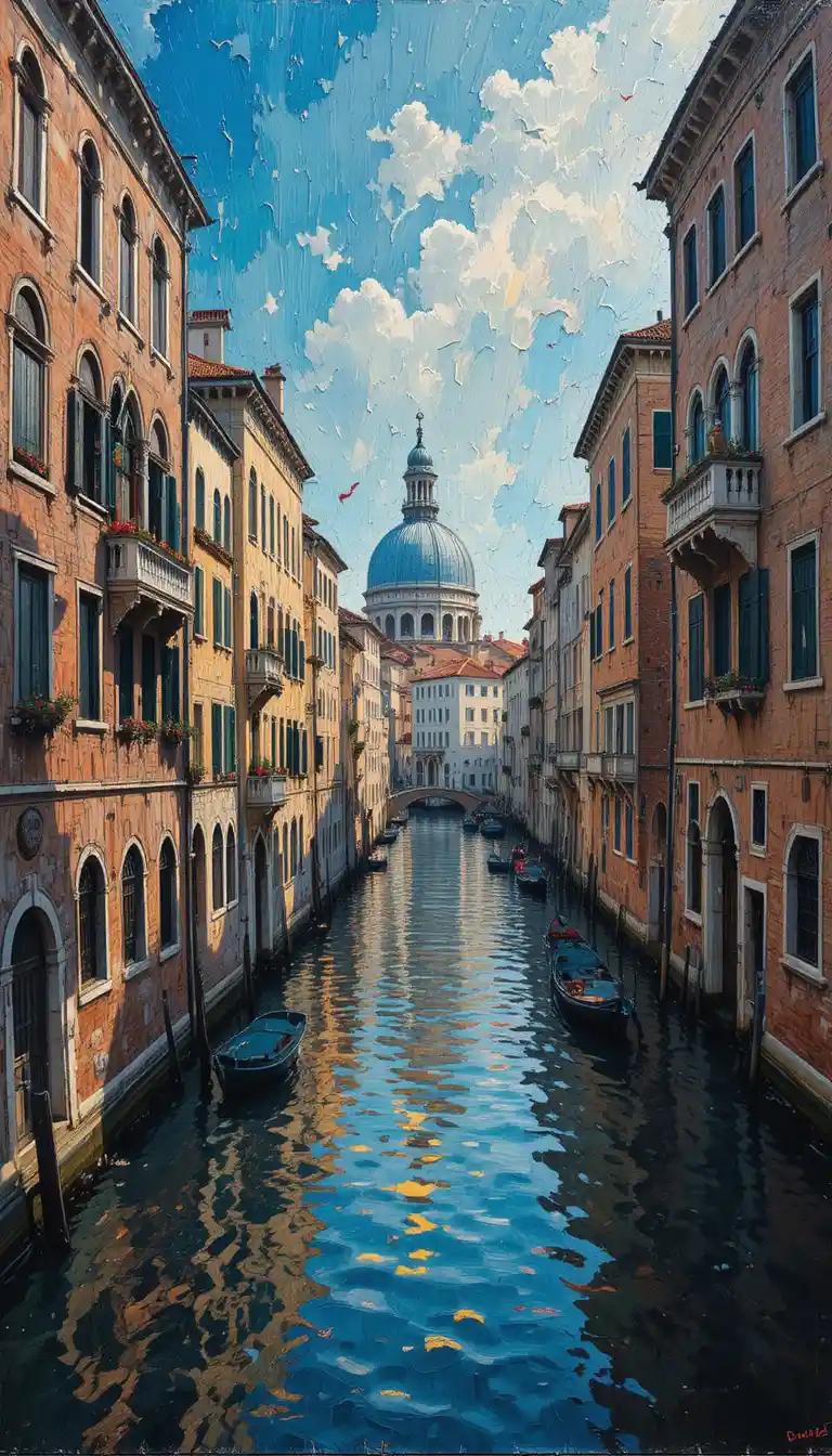 Impasto cityscape painting with rich colorful palette strokes